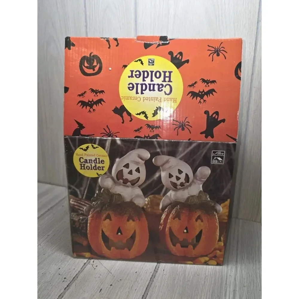 Alco Set of 2 Hand Painted Ceramic GHOST JACK O LANTERN Candle Holders NIB